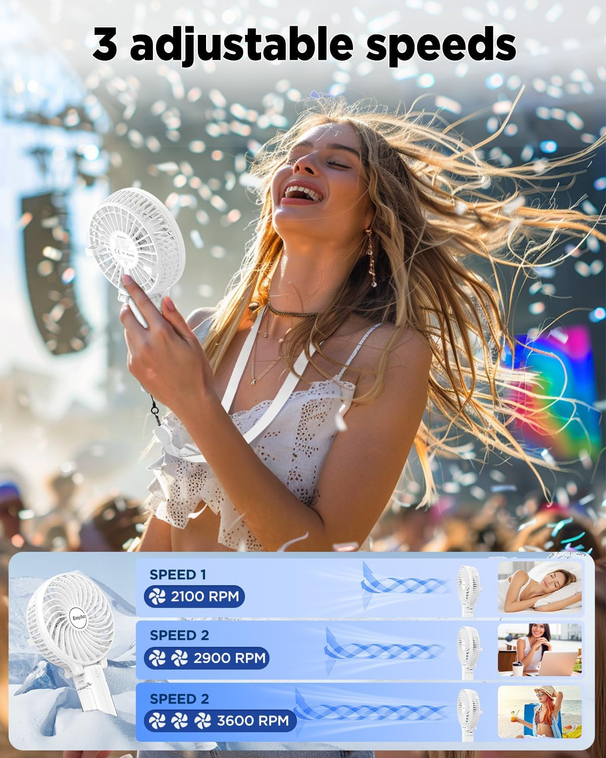Handheld Fans [2X Crossbody Straps/2Xdiy Stickers] for Portable Fan and Phones -Up to 10H Rechargeable Foldable Hand Desktop Fan for Home and Travel - White