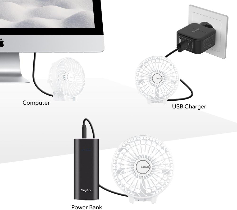 Handheld Fans [2X Crossbody Straps/2Xdiy Stickers] for Portable Fan and Phones -Up to 10H Rechargeable Foldable Hand Desktop Fan for Home and Travel - White