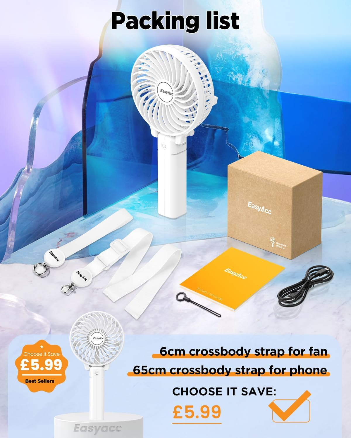 Handheld Fans [2X Crossbody Straps/2Xdiy Stickers] for Portable Fan and Phones -Up to 10H Rechargeable Foldable Hand Desktop Fan for Home and Travel - White