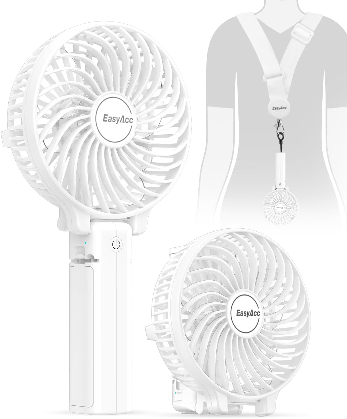 Handheld Fans [2X Crossbody Straps/2Xdiy Stickers] for Portable Fan and Phones -Up to 10H Rechargeable Foldable Hand Desktop Fan for Home and Travel - White