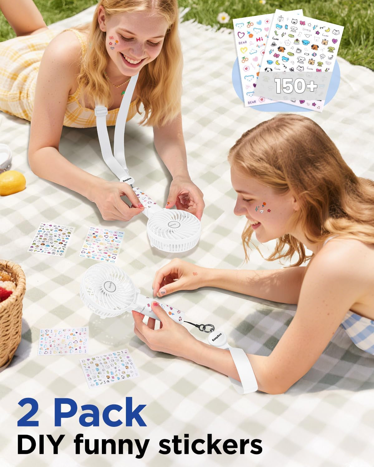 Handheld Fans [2X Crossbody Straps/2Xdiy Stickers] for Portable Fan and Phones -Up to 10H Rechargeable Foldable Hand Desktop Fan for Home and Travel - White
