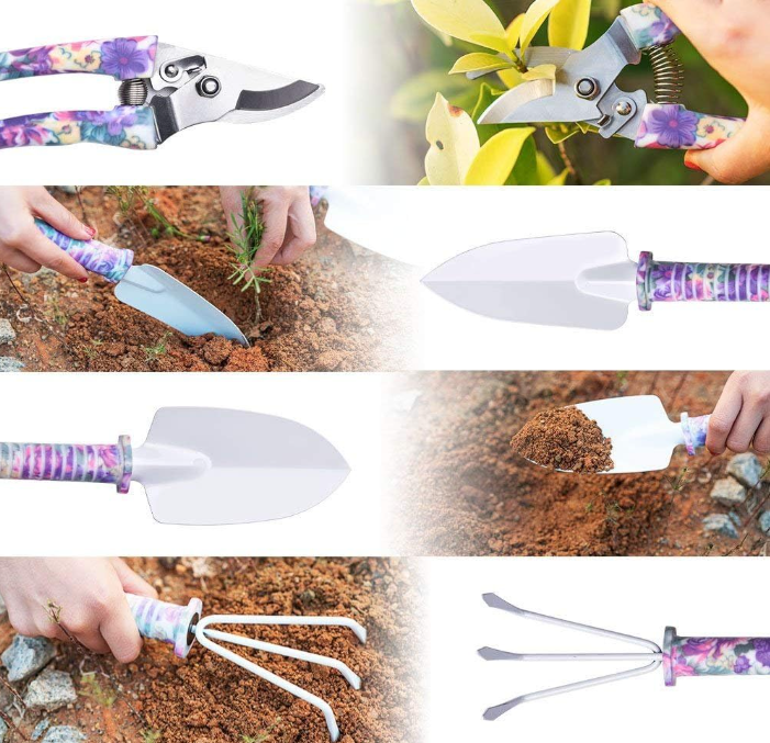Gardening Tools,5 Pieces Garden Tools with Floral Print, Ergonomic Handle Trowel Rake Weeder Pruner Shears Sprayer,Gardening Supplies with Carrying Case Gifts for Women