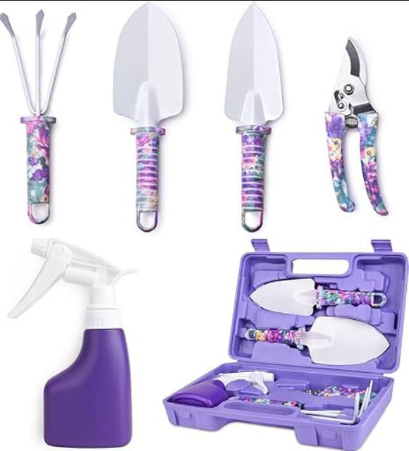 Gardening Tools,5 Pieces Garden Tools with Floral Print, Ergonomic Handle Trowel Rake Weeder Pruner Shears Sprayer,Gardening Supplies with Carrying Case Gifts for Women